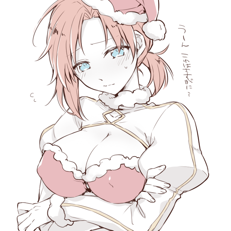 1girl blue_eyes blush boudica_(fate/grand_order) breasts citron_82 cleavage cowboy_shot fate/grand_order fate_(series) hat large_breasts long_sleeves looking_at_viewer ponytail redhead santa_hat short_hair smile solo translation_request upper_body