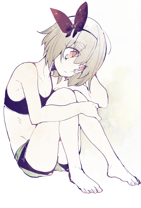 1girl alternate_costume bare_shoulders barefoot collarbone groin hair_ribbon hand_on_own_head kiguchiko leg_hug orange_eyes orange_hair profile ribbon rumia short_hair short_shorts shorts sitting solo sports_bra touhou