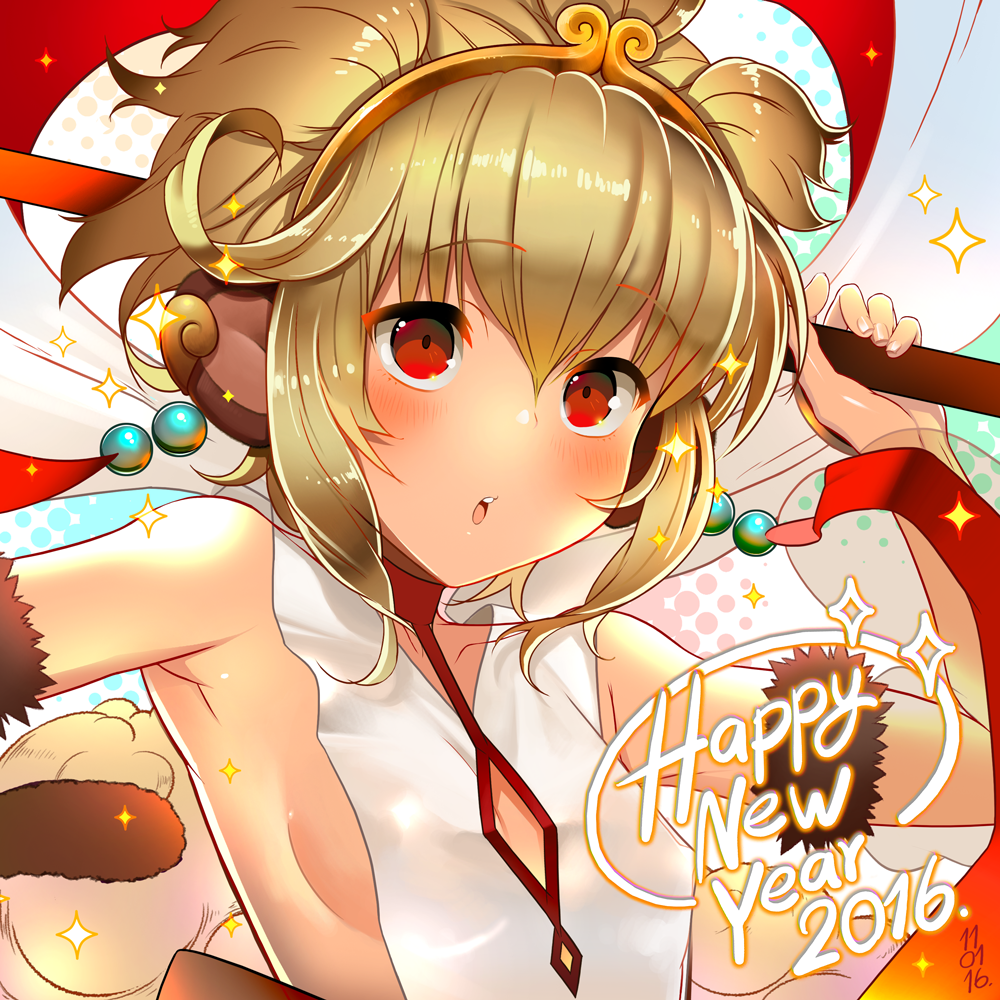 1girl 2016 anchira_(granblue_fantasy) blonde_hair breasts granblue_fantasy halftone halftone_background happy_new_year monkey_ears monkey_tail new_year open_mouth rangsiwut_sangwatsharakul red_eyes sideboob small_breasts solo sparkle staff tail upper_body
