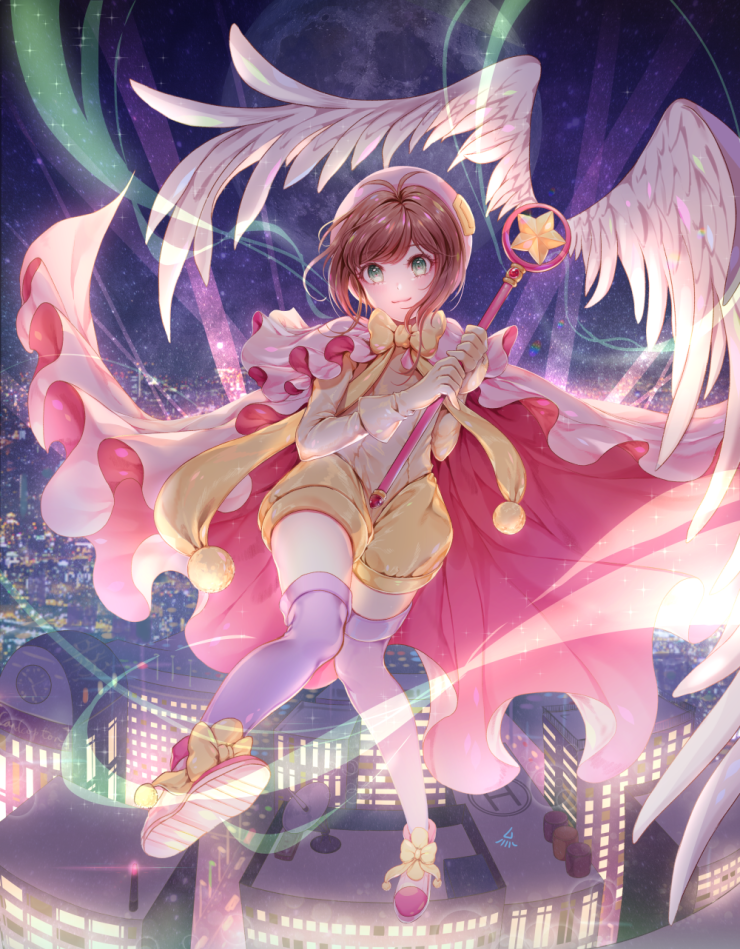 1girl antenna_hair blue_legwear bow brown_hair building cape card_captor_sakura cityscape full_moon green_eyes hat hoshi_no_tsue kinomoto_sakura magical_girl moon ozzingo shorts smile sparkle staff thigh-highs wings