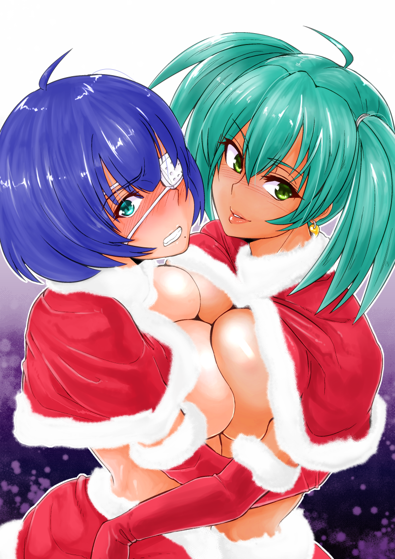 &gt;:) 2girls ahoge aqua_eyes aqua_hair bangs blue_hair blush breast_press breasts capelet cleavage clenched_teeth earrings elbow_gloves eyepatch from_side fur_trim gloves green_eyes haiboku hug ikkitousen jewelry large_breasts looking_at_viewer looking_to_the_side magatama miniskirt mole mole_under_mouth multiple_girls no_bra nose_blush one_eye_covered parted_lips red_gloves red_skirt ryofu_housen ryomou_shimei santa_costume short_hair skirt smile symmetrical_docking teeth twintails upper_body