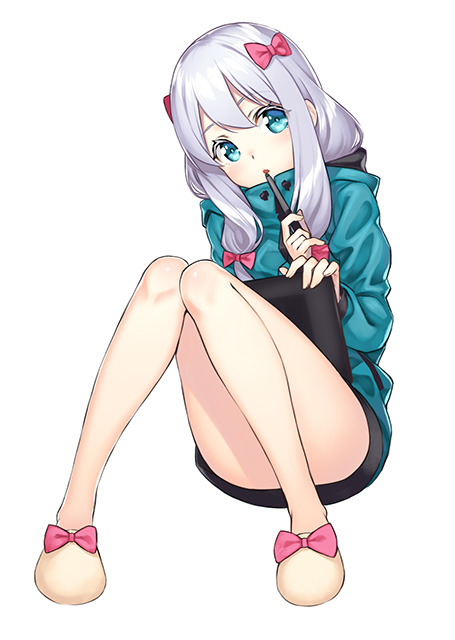 1girl bangs blue_eyes blush bow convenient_censoring drawing_tablet eromanga_sensei hair_bow izumi_sagiri jacket knees_together_feet_apart kyon_(fuuran) long_hair looking_at_viewer open_mouth pink_bow silver_hair simple_background sitting slippers solo stylus tablet white_background