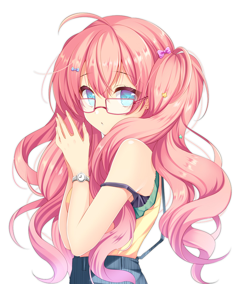 1girl agekichi_(heart_shape) blue_eyes earrings glasses hair_ornament jewelry long_hair looking_at_viewer original pink_hair simple_background solo strap_slip twintails watch watch white_background