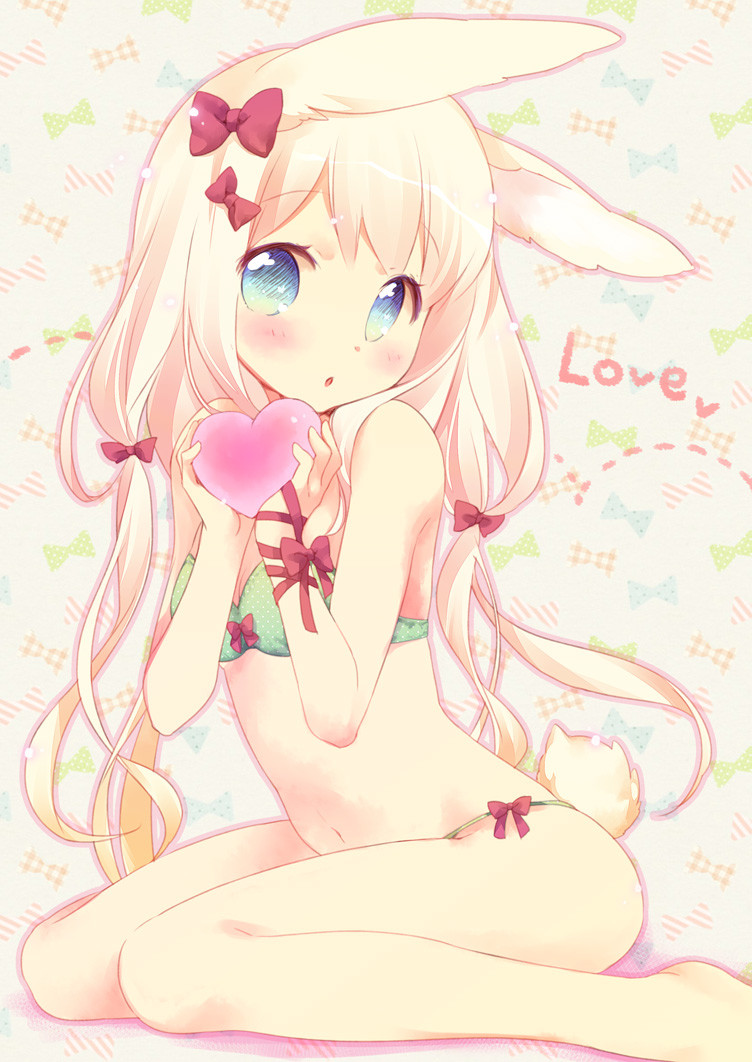 1girl :o animal_ears arched_back arm_ribbon bangs blonde_hair blue_eyes blush bow bow_bra bow_panties bra bunny_tail ech eyebrows_visible_through_hair green_bra green_panties hands_up heart holding holding_heart long_hair looking_at_viewer navel original panties parted_lips rabbit_ears red_bow red_ribbon ribbon sitting solo tail tareme thighs underwear underwear_only wariza