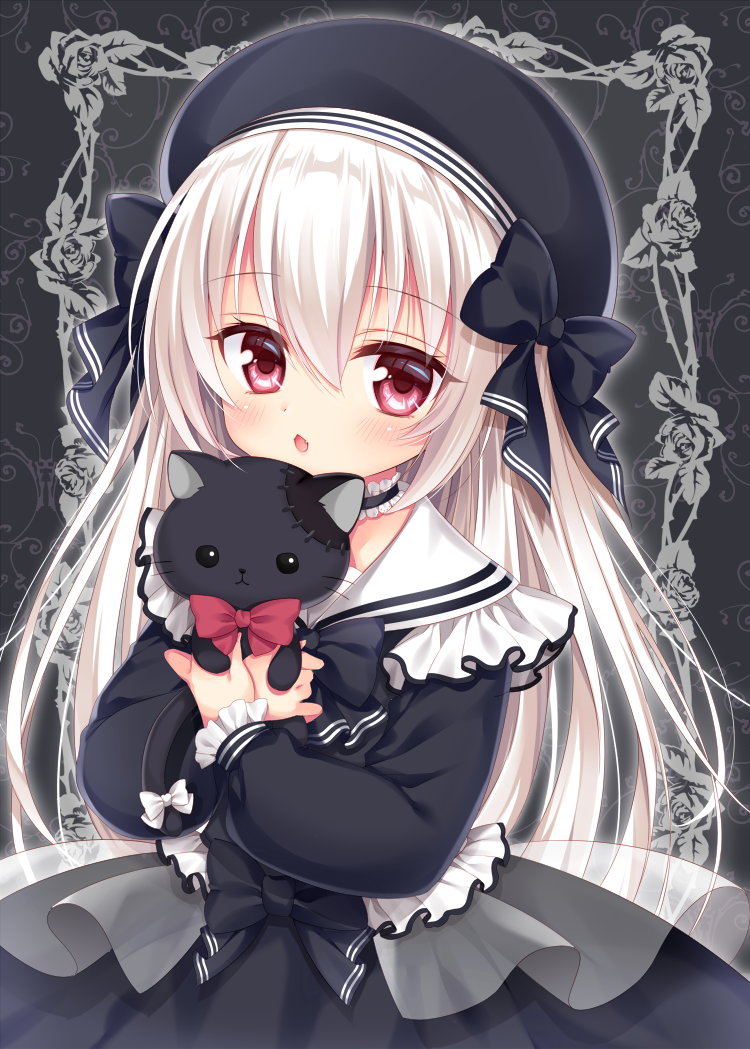 1girl :&lt; bangs black_background black_bow black_bowtie black_choker black_dress black_hat black_ribbon blush bow bowtie choker commentary_request dress eyebrows_visible_through_hair fang flower frame frilled_choker frills gothic_lolita hair_between_eyes hair_ribbon hands_up hat holding holding_stuffed_animal leaf lolita_fashion long_hair long_sleeves looking_at_viewer mitsuba_choco object_hug open_mouth original patch red_bow red_bowtie red_eyes ribbon rose sailor_dress shiny shiny_hair silver_hair solo stuffed_animal stuffed_cat stuffed_toy thorns