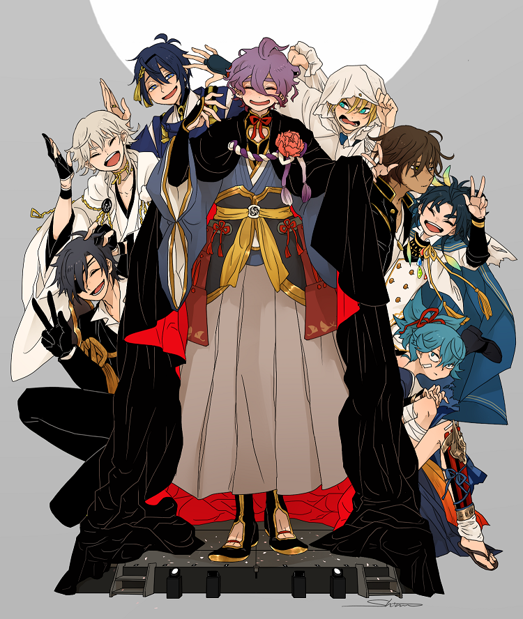 6+boys ^_^ black_gloves black_hair blonde_hair blue_eyes blue_hair brown_hair cape closed_eyes eyepatch feathers gloves hair_feathers hakama hood japanese_clothes kasen_kanesada male_focus mikazuki_munechika multiple_boys necktie ookurikara open_mouth partly_fingerless_gloves ponytail purple_hair sandals sayo_samonji shimauma_hikuuma shokudaikiri_mitsutada shorts smile taikogane_sadamune touken_ranbu tsurumaru_kuninaga v white_hair yamanbagiri_kunihiro yellow_eyes