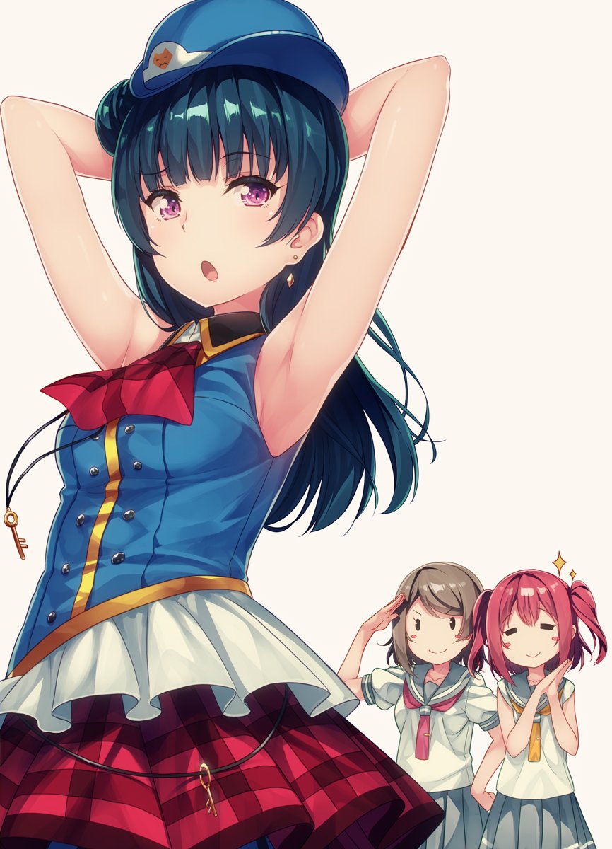 &gt;:) 3girls :o =_= armpits arms_behind_head ascot bangs beige_background blue_hair blush_stickers buttons collared_shirt commentary_request double-breasted earrings female_service_cap grey_hair hand_on_hip hands_together happy_party_train highres jewelry key_necklace kurosawa_ruby long_hair love_live! love_live!_sunshine!! multiple_girls pleated_skirt redhead salute school_uniform serafuku shirt short_hair short_sleeves side_bun simple_background siva_(executor) skirt sleeveless smile sparkle tie_clip tsushima_yoshiko two_side_up violet_eyes watanabe_you