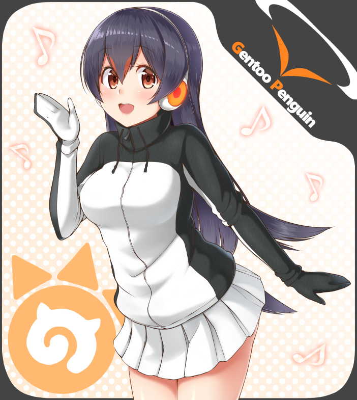 1girl :d black_hair blush breasts brown_eyes character_name cowboy_shot drawstring eyebrows_visible_through_hair from_side gentoo_penguin_(kemono_friends) hair_between_eyes headphones japari_symbol kemono_friends leaning_forward long_hair medium_breasts musical_note open_mouth outstretched_arm pleated_skirt quaver skirt smile solo turtleneck very_long_hair watayoshi_(suiiho) white_skirt