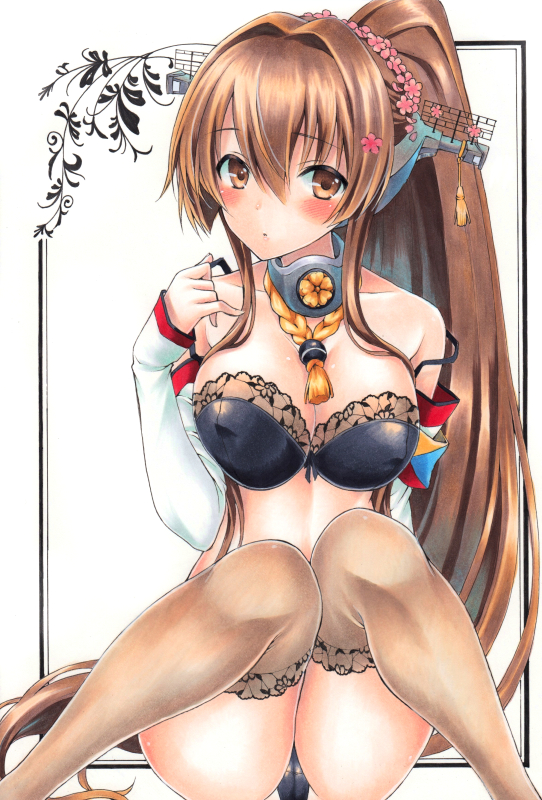 1girl arm_up black_bra black_panties blush border bra breasts brown_eyes brown_hair brown_legwear cherry_blossoms cleavage collar flower hair_flower hair_ornament headgear kantai_collection kikumon knees_together_feet_apart lace lace-trimmed_bra lace-trimmed_thighhighs large_breasts long_hair looking_at_viewer midriff off_shoulder panties ponytail ren_(endscape20) rope sitting solo strap_slip thigh-highs traditional_media underwear white_background yamato_(kantai_collection)