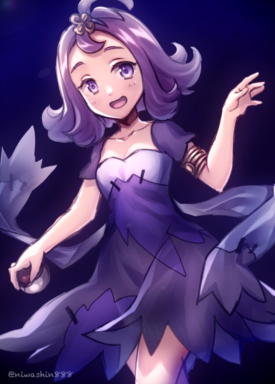 1girl acerola_(pokemon) arm_up armlet blush breasts cleavage dress elite_four flipped_hair hair_ornament hairclip highres holding holding_poke_ball looking_at_viewer niwashi_(yuyu) open_mouth poke_ball pokemon pokemon_(game) pokemon_sm purple_background purple_hair short_hair short_sleeves simple_background small_breasts solo trial_captain twitter_username violet_eyes