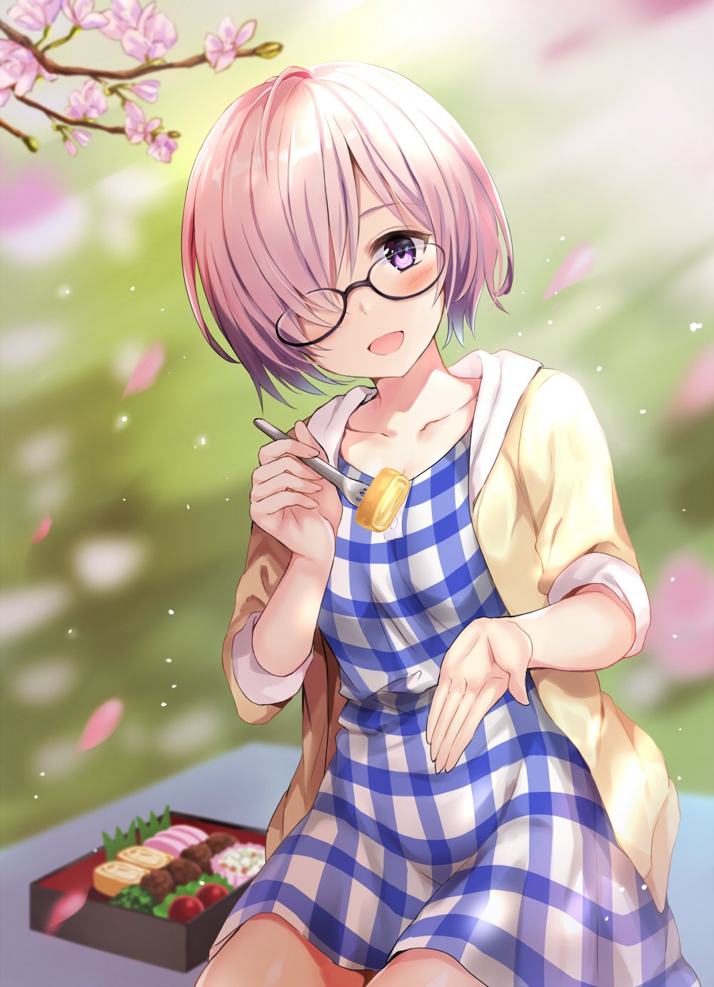 1girl black-framed_eyewear blurry blurry_background blush checkered checkered_dress collarbone commentary_request dress fate/grand_order fate_(series) food fork glasses hair_over_one_eye harimoji highres hood hoodie obentou omelet open_hand open_mouth outdoors petals picnic purple_hair semi-rimless_glasses shielder_(fate/grand_order) short_hair sitting smile sweater tamagoyaki violet_eyes yellow_sweater