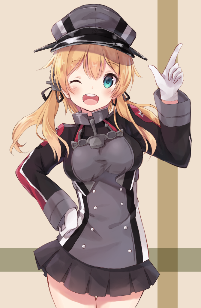 1girl ;d anchor_hair_ornament aqua_eyes blonde_hair gloves hair_ornament hand_on_hip hat kantai_collection long_sleeves military military_uniform nonono one_eye_closed open_mouth peaked_cap pointing pointing_up prinz_eugen_(kantai_collection) simple_background skirt smile solo twintails uniform white_gloves