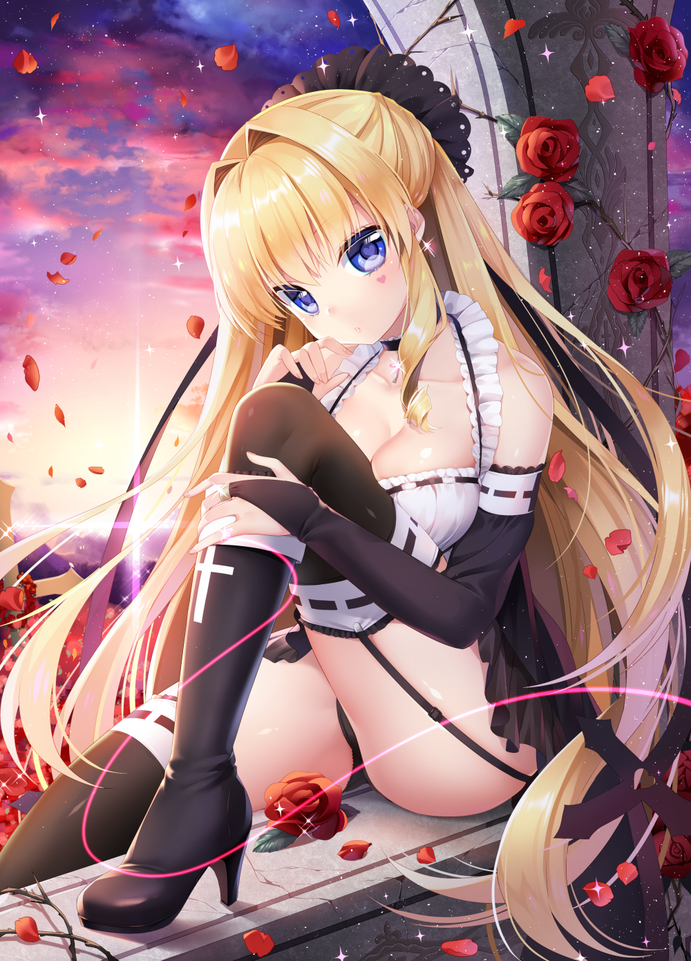 bare_shoulders black_legwear blonde_hair blue_eyes clouds cloudy_sky dress elbow_gloves evening fingerless_gloves garter_straps gloves hair_between_eyes hair_ribbon halter_top halterneck heart heart-shaped_pupils highres knee_up light_smile long_hair looking_at_viewer mvv original ribbon short_dress sitting sky star_(sky) starry_sky symbol-shaped_pupils thigh-highs thighs