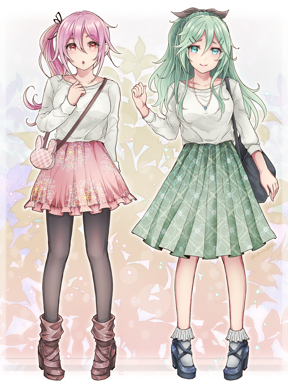 2girls :o akira_(aky-la) alternate_costume ankle_boots aqua_eyes aqua_hair arm_at_side artist_name asymmetrical_hair bag black_boots black_legwear black_ribbon blouse blue_shoes blush boots breasts casual collarbone comic commentary_request eyebrows_visible_through_hair floral_background floral_print frilled_skirt frills full_body green_skirt hair_between_eyes hair_ornament hair_ribbon hairclip handbag harusame_(kantai_collection) high_heel_boots high_heels highres jewelry kantai_collection long_hair long_skirt long_sleeves medium_breasts medium_skirt multiple_girls necklace no_headgear open_mouth over_shoulder pantyhose pendant pigeon-toed pink_hair pink_skirt plaid plaid_bag pleated_skirt ponytail red_eyes ribbon shoes side_ponytail skirt socks standing white_legwear yamakaze_(kantai_collection)