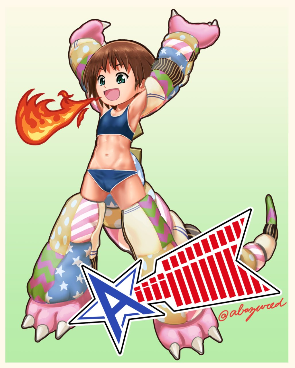 10s 1girl abazu-red arms_up bikini blue_bikini blue_eyes boots breathing_fire costume fire flat_chest girls_und_panzer highres media_factory nose_art open_mouth sakaguchi_karina simple_background solo star swimsuit twitter_username