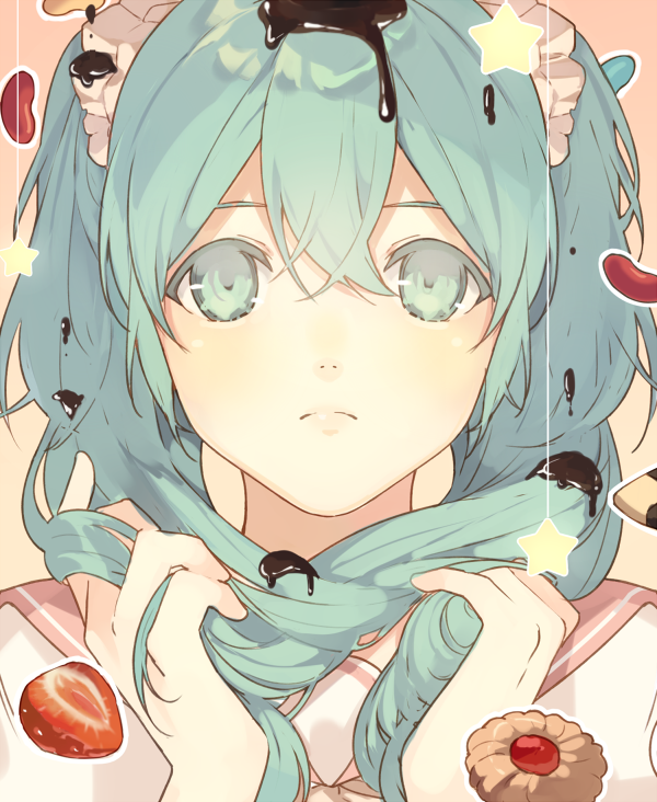 1girl cats_brain chocolate eyelashes food fruit green_eyes green_hair hair_between_eyes hatsune_miku holding holding_hair lots_of_laugh_(vocaloid) melting sailor_collar simple_background solo star strawberry sweets twintails vocaloid