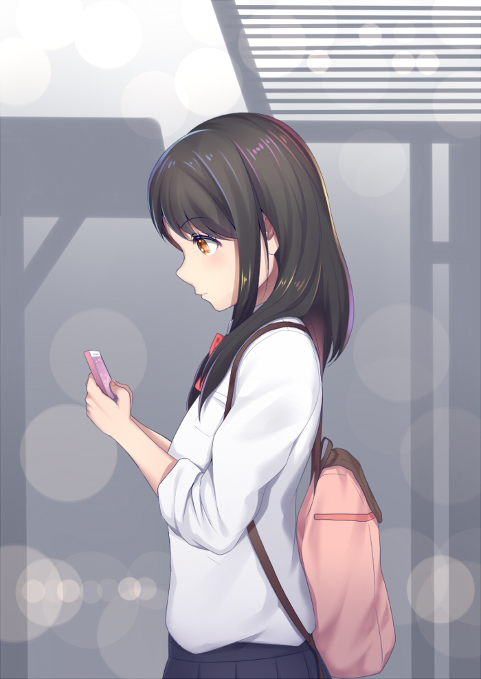 1girl backpack bag bangs black_hair black_skirt brown_eyes cellphone eyebrows_visible_through_hair from_side hands_up holding holding_phone long_hair looking_at_phone original phone pleated_skirt school_uniform shirt skirt sleeves_past_elbows smartphone solo white_shirt xiaosan_ye