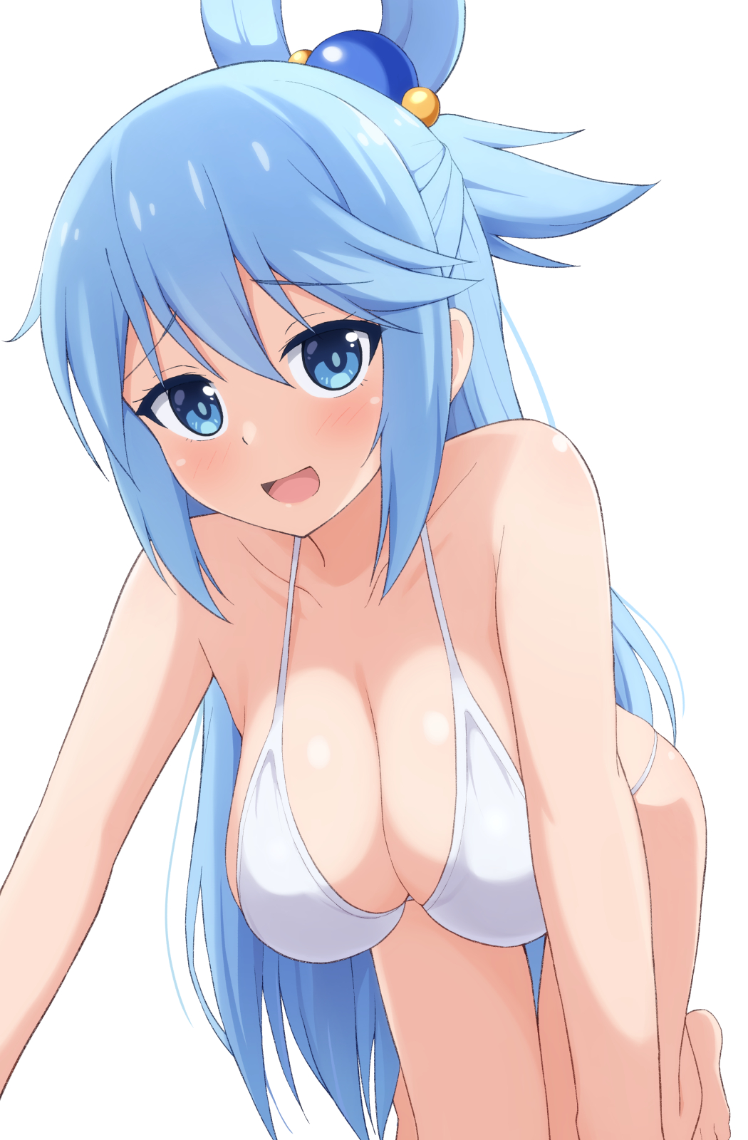 1girl all_fours alternate_costume aqua_(konosuba) armpit_crease barefoot bikini blue_eyes blue_hair blush breasts collarbone commentary_request eniraka eyebrows_visible_through_hair hair_rings highres knees_together_feet_apart kono_subarashii_sekai_ni_shukufuku_wo! large_breasts leaning_forward long_hair looking_at_viewer open_mouth shadow shiny shiny_hair shiny_skin simple_background solo swimsuit thighs white_background white_bikini