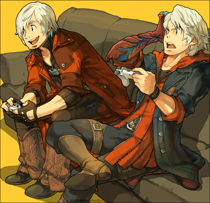 blue_eyes couch dante devil_bringer devil_may_cry male nero_(devil_may_cry) nessie playing_games playstation_3 ps3 sitting video_game white_hair