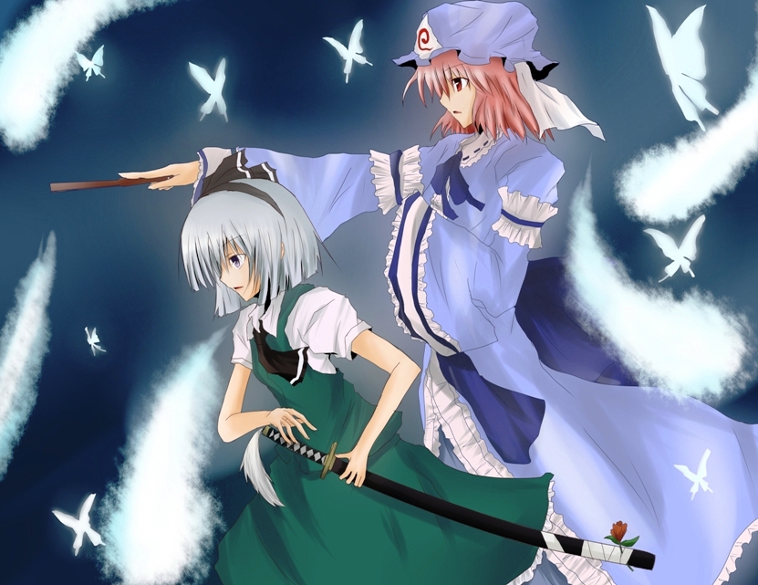 butterflies butterfly fan flower hairband hat hitodama hitsuji_(pixiv) katana konpaku_youmu konpaku_youmu_(ghost) multiple_girls pink_hair ram_hachimin ready_to_draw saigyouji_yuyuko sheath sheathed short_hair sword touhou weapon white_hair