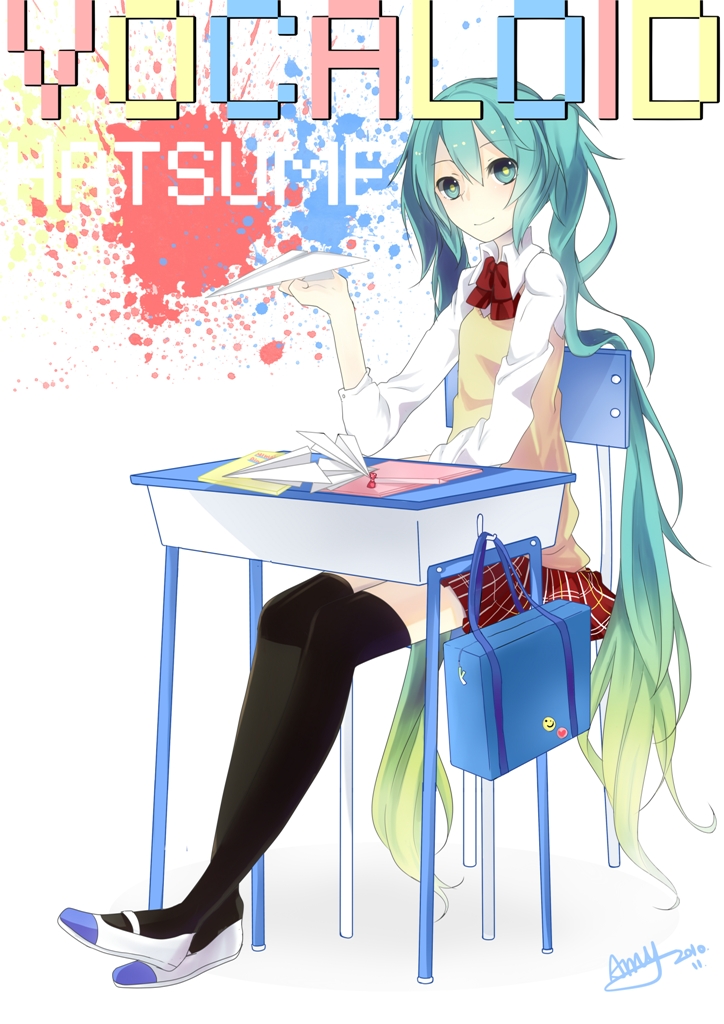 aqua_eyes aqua_hair bad_id badge bag button_badge chair desk fen_renlei hatsune_miku long_hair paper_airplane school_uniform simple_background sitting skir skirt smile solo thigh-highs thighhighs twintails very_long_hair vocaloid zettai_ryouiki