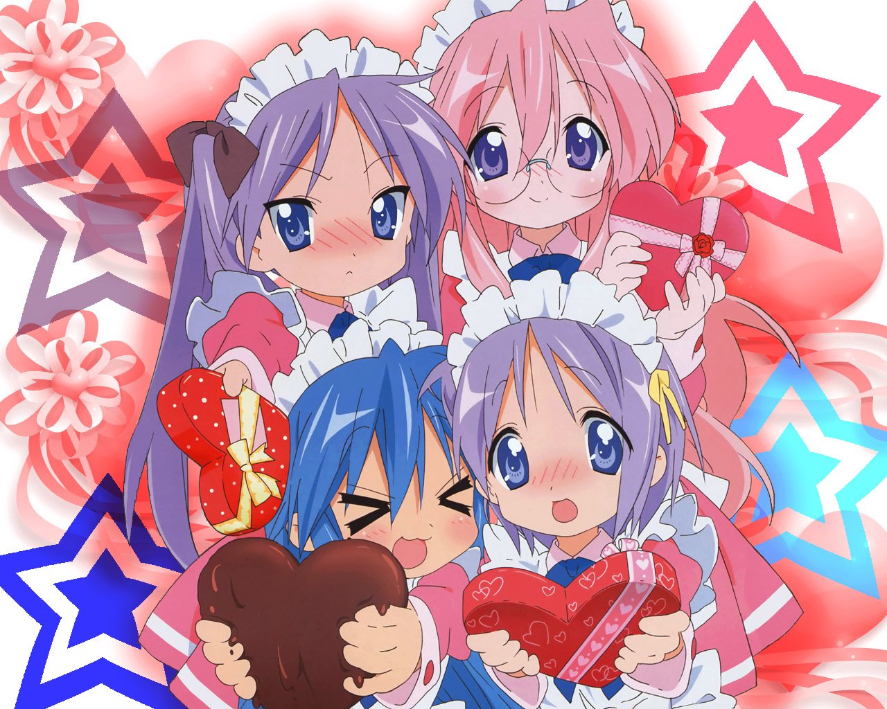1280x1024 chocolate heart hiiragi_kagami hiiragi_tsukasa izumi_konata lucky_star maid stars takara_miyuki tsundere valentine wallpaper