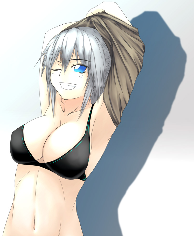 arms_up bad_id blue_eyes bra breasts cleavage foxhound grin kiryuu_sayane large_breasts lingerie onibi_(foxhound4185) original shirt_lift silver_hair smile underwear undressing wink