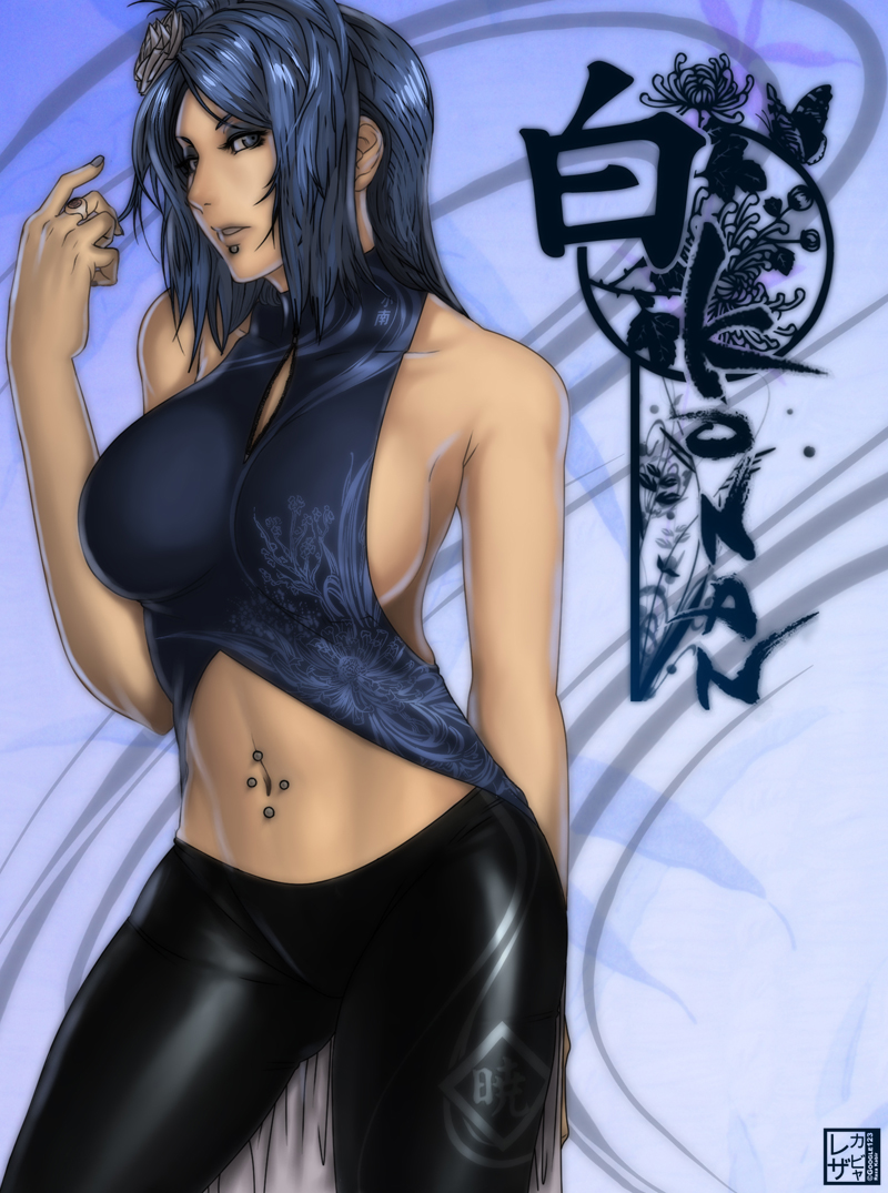 artist_request blue_eyes blue_hair breasts eyeshadow flower hair_ornament jewelry konan large_breasts leggings makeup midriff nail_polish naruto piercing reza_kabir ring sideboob skin_tight solo spandex