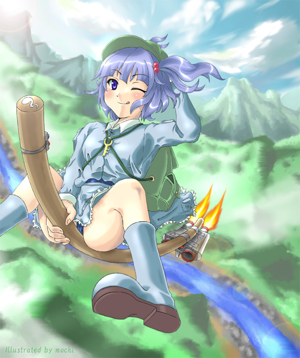 backpack bag blue_eyes blue_hair boots broom broom_riding hand_on_hat hat kawashiro_nitori key mochi.f mountain mountains panties river short_hair sky swimsuit swimsuit_under_clothes tongue touhou underwear wink