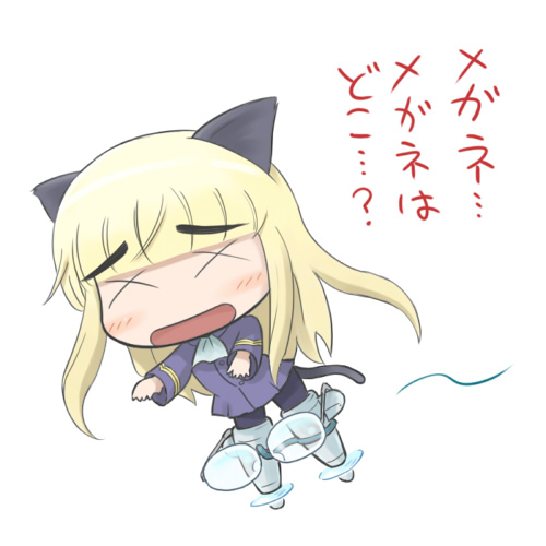 blonde_hair chibi denden glasses long_hair lowres glasses_glasses pantyhose perrine_h_clostermann strike_witches striker_unit striker_units tail translated x_x
