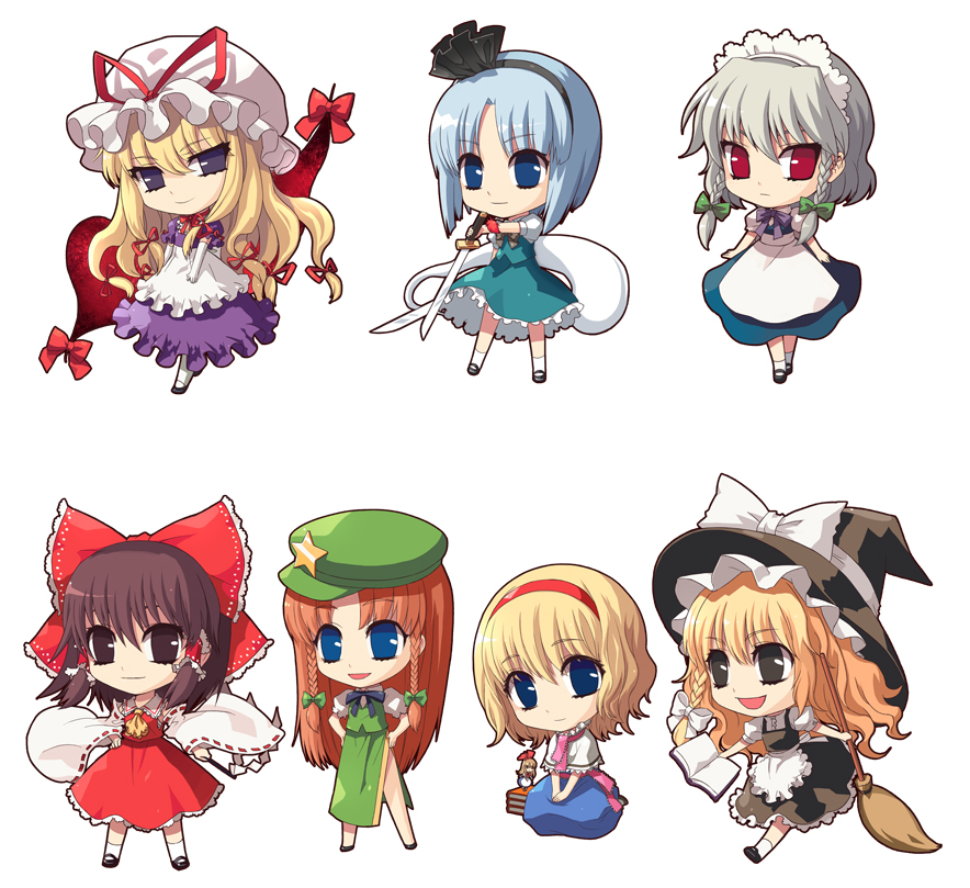 blonde_hair blue_eyes book broom brown_eyes brown_hair chibi gap hairband hakurei_reimu hat hong_meiling izayoi_sakuya japanese_clothes katana kirisame_marisa konpaku_youmu konpaku_youmu_(ghost) leona_(pixiv) long_hair maid miko myon purple_eyes red_eyes red_hair redhead ribbon ribbons short_hair silver_hair star stars sword touhou violet_eyes weapon witch yakumo_yukari