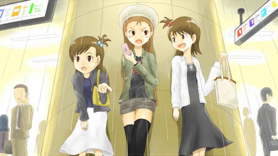 beret brown_eyes brown_hair casual cellphone futami_ami futami_mami gozu_(pixiv4674) hair_bobbles hair_ornament handbag hat idolmaster minase_iori neri_gozu phone purse red_eyes shopping siblings thighhighs twins