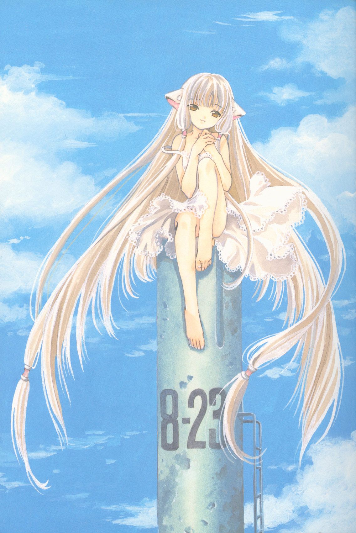 blonde_hair brown_eyes chii chobits clamp cloud clouds dress feet highres long_hair official_art robot_ears sitting sky smile sundress very_long_hair