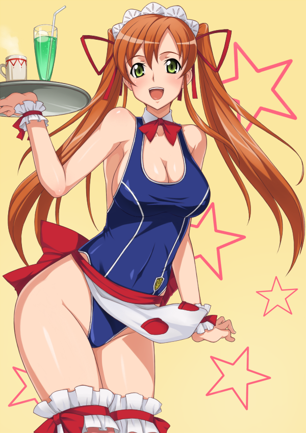 breasts cleavage code_geass curvy green_eyes hips large_breasts long_hair mound_of_venus one-piece_swimsuit orange_hair ribbon ribbons school_swimsuit shirley_fenette sideboob skin_tight spandex star swimsuit thigh-highs thighhighs thighs tray twintails waitress yokaze_japan