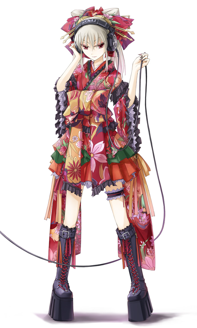 bow cable frills garters hair_ornament headphones japanese_clothes kimono kimono_skirt knee_boots legs lolita_fashion original platform_footwear platforms red_eyes solo tomo_(machinemess) wa_lolita white_hair