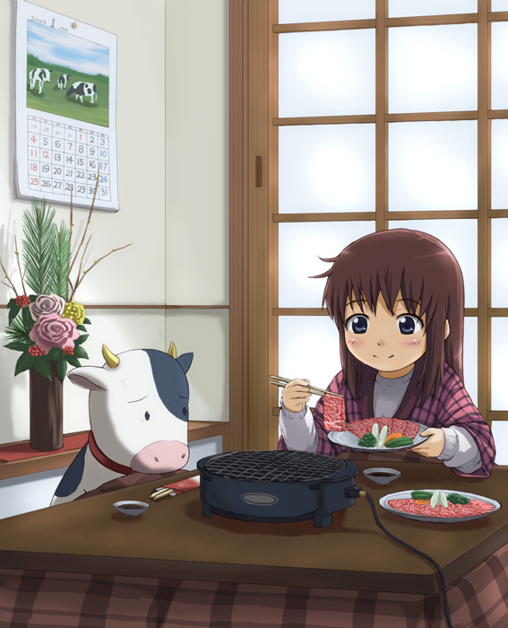 blush brown_hair cow eating food kotatsu meat smile table