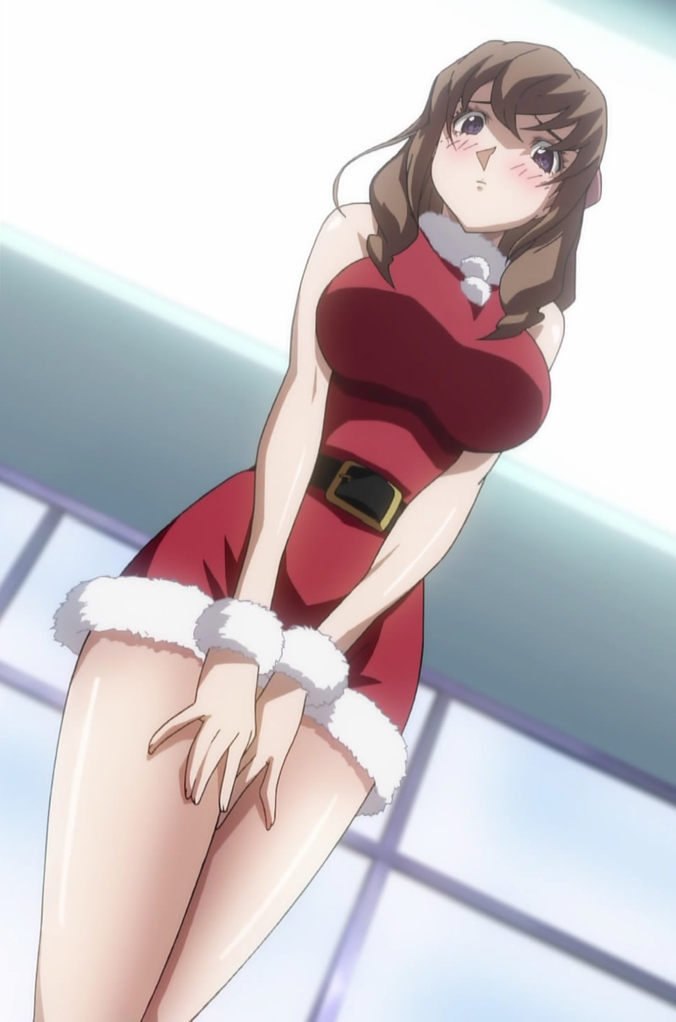 blush breasts brown_hair cap christmas from_below highres huge_breasts kujou_miu kurogane_no_linebarrel kurogane_no_linebarrels santa_costume screencap short_dress solo wrist_cuffs