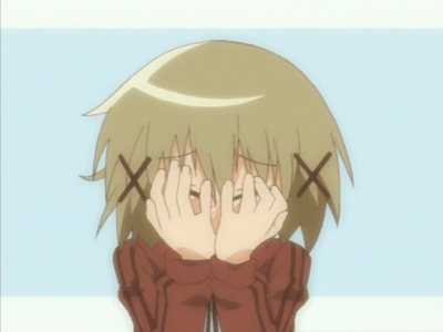 animated_gif blush brown_eyes brown_hair covering_eyes face_covered gif hidamari_sketch lowres scared short_hair yuno