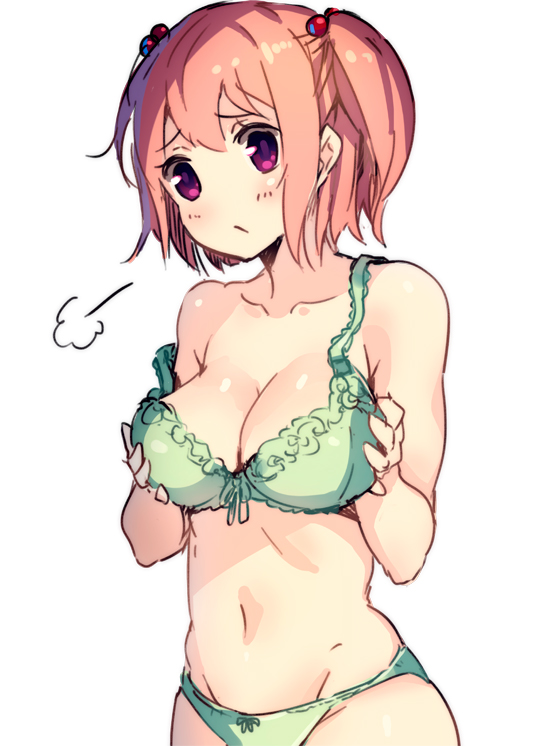 1girl :/ =3 bangs blush bow bow_bra bow_panties bra closed_mouth collarbone eyebrows_visible_through_hair green_bra green_panties hair_bobbles hair_ornament mouth navel original panties paseri pink_hair sidelocks sideways simple_background sketch solo strap_slip twintails underwear upper_body violet_eyes white_background