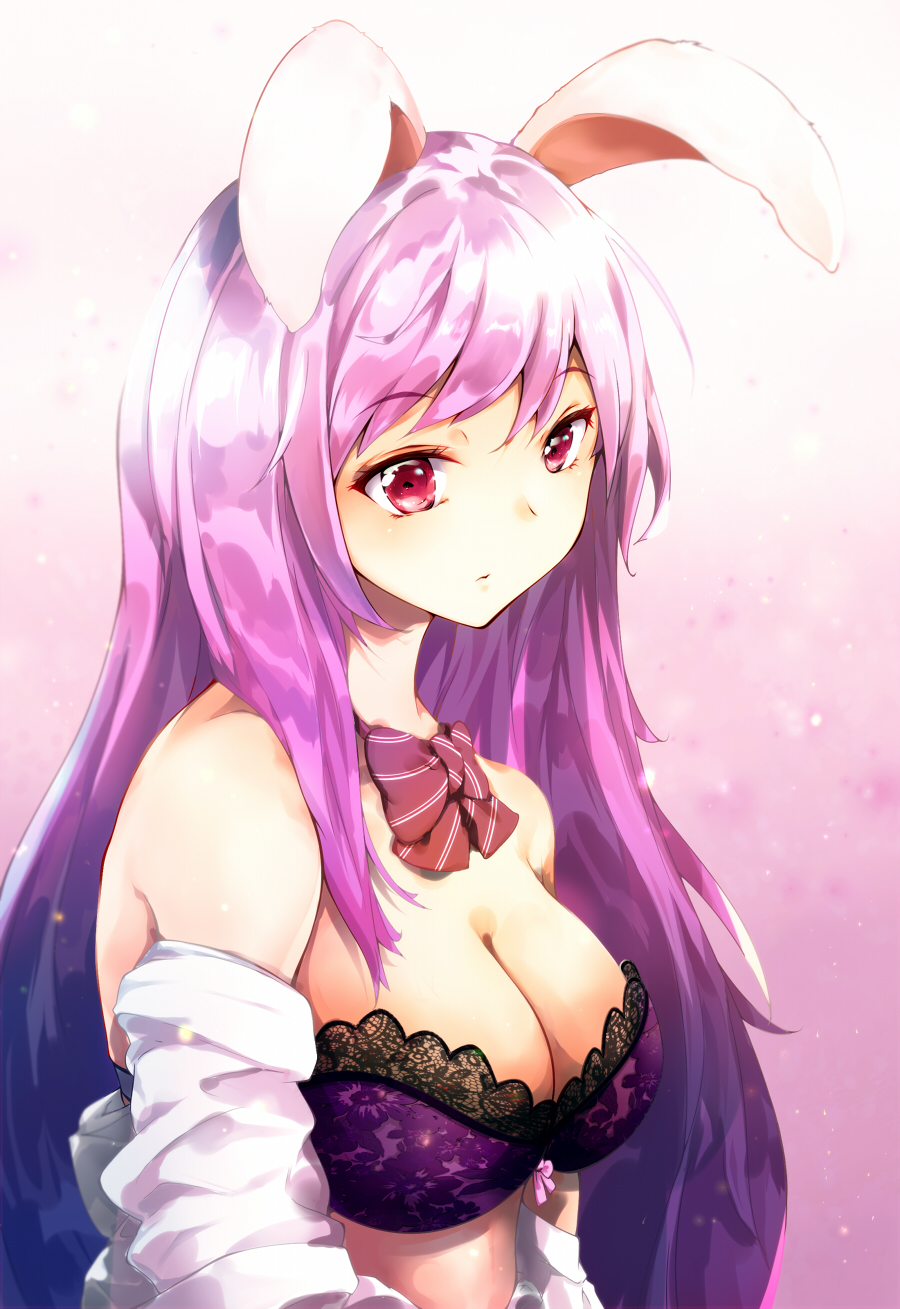 1girl animal_ears bare_shoulders black_bra bow bowtie bra breasts cleavage closed_mouth from_side highres lace lace-trimmed_bra large_breasts long_hair looking_at_viewer looking_to_the_side mayonaka_taruho off_shoulder open_clothes open_shirt purple_hair rabbit_ears red_eyes reisen_udongein_inaba shirt solo striped striped_bow striped_bowtie touhou underwear upper_body very_long_hair white_shirt