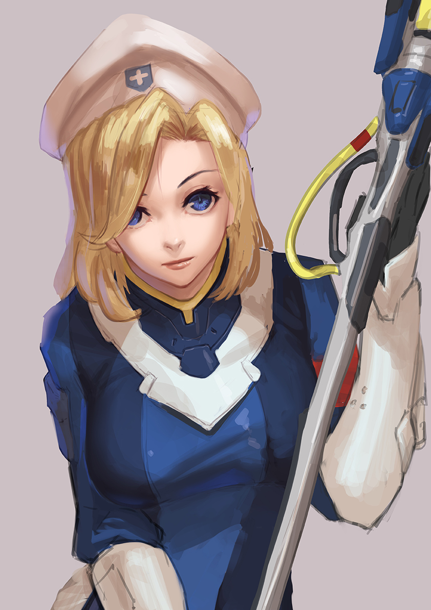 1girl alternate_costume alternate_hairstyle armband bangs beret blonde_hair blue_bodysuit blue_eyes bodysuit breasts combat_medic_ziegler commentary gloves grey_background hair_over_one_eye hat holding holding_staff jacky5493 long_sleeves looking_at_viewer mechanical_wings medium_breasts mercy_(overwatch) overwatch short_hair simple_background solo staff upper_body white_hat wings work_in_progress