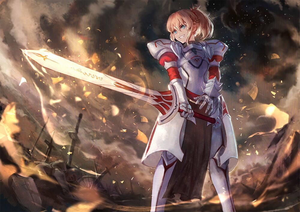 &gt;:d 1girl armor bangs battlefield blonde_hair blurry braid breastplate clarent clouds cloudy_sky corpse depth_of_field fate/apocrypha fate/grand_order fate_(series) faulds feet_out_of_frame fire flaming_sword french_braid from_below full_armor gauntlets green_eyes hair_between_eyes holding holding_sword holding_weapon knight legs_apart loincloth long_hair looking_away looking_to_the_side mordred_(fate) mordred_(fate)_(all) open_mouth outdoors parted_lips planted_sword planted_weapon ponytail revision shield short_hair shoulder_armor sishenfan sky smile solo_focus spaulders standing sword teeth vambraces weapon