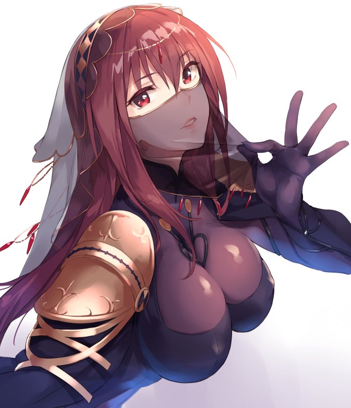 1girl armor bodysuit breasts covered_navel fate/grand_order fate_(series) impossible_clothes large_breasts lips long_hair looking_at_viewer parted_lips pauldrons purple_bodysuit purple_hair red_eyes scathach_(fate/grand_order) shiny shiny_clothes shoulder_armor upper_body veil very_long_hair yomo_(majidon)