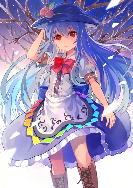 1girl blue_hair blush boots collared_shirt dress dress_shirt food food_on_head fruit fruit_on_head hat hinanawi_tenshi knee_boots kyuurisoda layered_dress long_hair looking_at_viewer object_on_head peach petals puffy_short_sleeves puffy_sleeves red_eyes shirt short_sleeves solo touhou tree very_long_hair