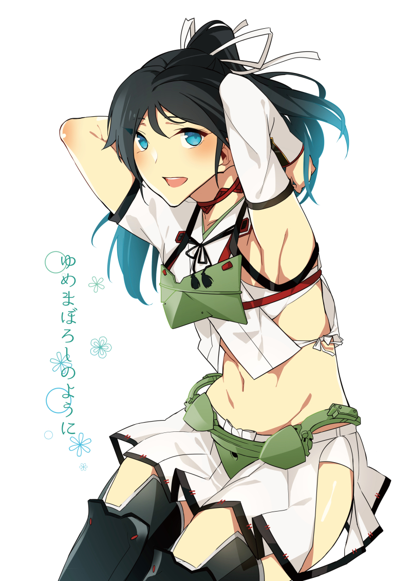 1girl armpits asakawa_(outeq) black_hair black_legwear blue_eyes breasts detached_sleeves elbow_gloves fingerless_gloves gloves hair_ribbon hip_vent kantai_collection katsuragi_(kantai_collection) long_hair looking_at_viewer midriff miniskirt mismatched_sleeves navel open_mouth pleated_skirt ponytail remodel_(kantai_collection) ribbon sitting skirt small_breasts thigh-highs translation_request zettai_ryouiki