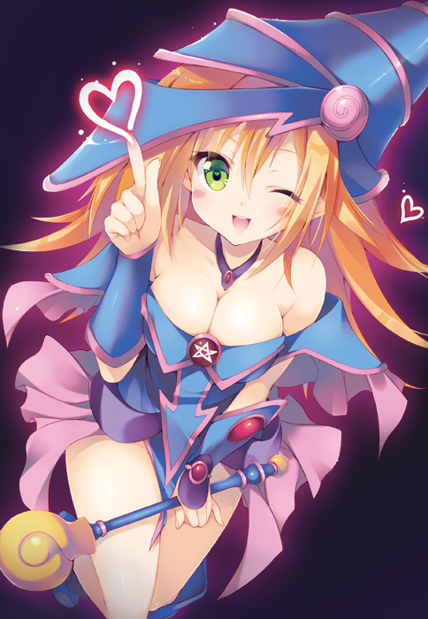 1girl ;d bangs bare_shoulders blonde_hair blush breasts cleavage dark_magician_girl detached_collar eyebrows_visible_through_hair green_eyes hair_between_eyes heart holding holding_wand large_breasts legs_together long_hair looking_at_viewer one_eye_closed open_mouth pentagram sakura_hanpen smile solo teeth thighs wand yu-gi-oh!
