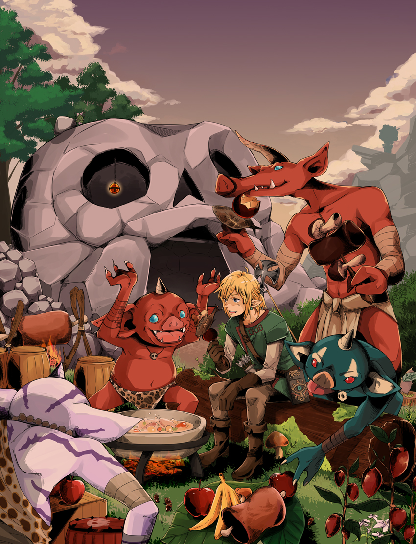 1boy apple arinko_(aririncocoa) banana blonde_hair bokoblin boots clouds cooking earrings eating food fruit gloves horn jewelry link meat moblin monster necklace outdoors pointy_ears sitting skull sky the_legend_of_zelda the_legend_of_zelda:_breath_of_the_wild tunic what_if