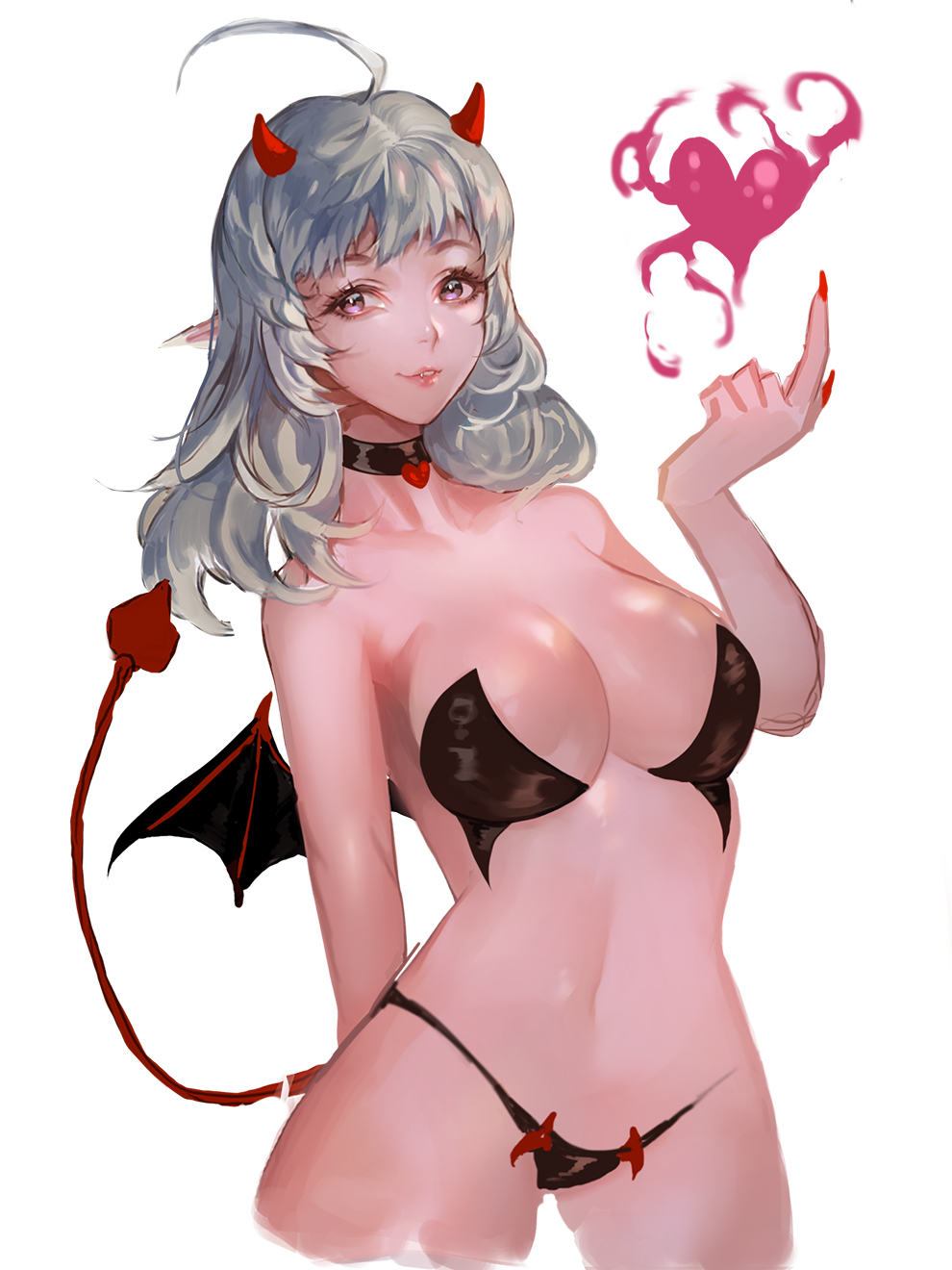 1girl ahoge arm_at_side bangs bare_shoulders bat_wings bikini black_bikini black_choker breasts chicle choker cleavage collarbone demon_girl demon_horns demon_tail demon_wings eyelashes eyeliner fangs fingernails gluteal_fold grey_hair heart_choker highres horns large_breasts lips long_fingernails long_hair looking_at_viewer makeup midriff nail_polish navel open_mouth original parted_lips pink_lips pointy_ears red_nails sharp_fingernails short_wings simple_background smile solo strapless strapless_bikini succubus swimsuit tail violet_eyes white_background wings