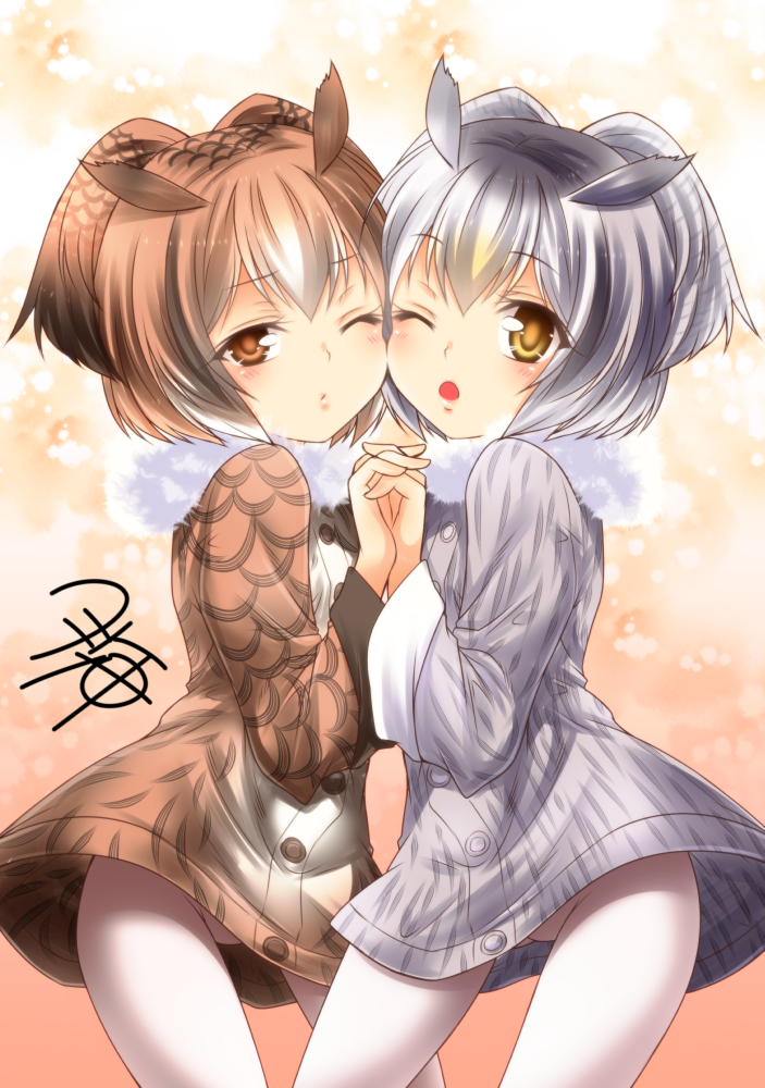 2girls bangs brown_eyes brown_hair buttons coat eurasian_eagle_owl_(kemono_friends) eyebrows_visible_through_hair fur_collar grey_hair hand_holding head_wings kemono_friends looking_at_viewer multiple_girls northern_white-faced_owl_(kemono_friends) one_eye_closed open_mouth short_hair simple_background standing white_legwear yellow_eyes yua_(checkmate)
