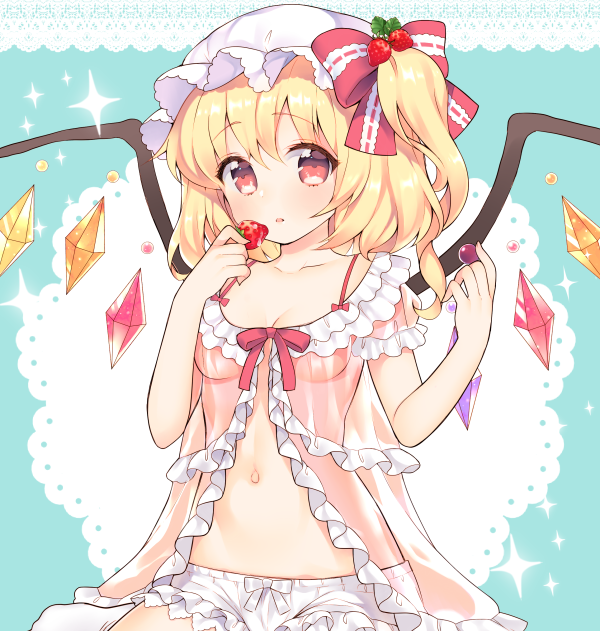 1girl alternate_costume babydoll blonde_hair bloomers blush bow breasts cleavage collarbone crystal flandre_scarlet food food_themed_hair_ornament frills fruit hair_between_eyes hair_ornament hat hat_bow looking_at_viewer mob_cap mugicha_(mugicha0929) navel parted_lips red_bow red_eyes short_sleeves side_ponytail small_breasts solo stomach strawberry strawberry_hair_ornament touhou underwear wings